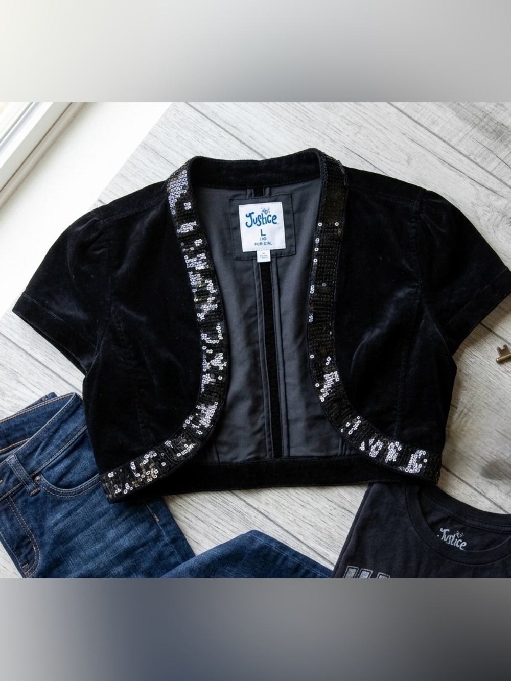 Justice Black Velvet Sequin Cropped Bolero Jacket Size 16